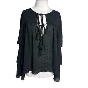 Happy x Nature Swiss Dot Flowy Blouse tiered bell sleeve tassel tie black sz L